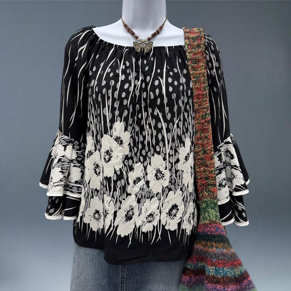 Boho Floral Bell Sleeve Blouse Off Shoulder Peasant Top
